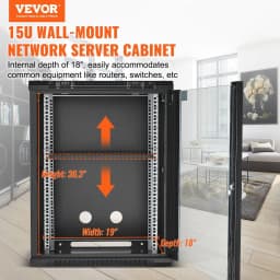 image-VEVOR 15U Wall Mount Network Cabinet, 500 lbs Max. Ground Load Capacity, Server Rack Cabinet Enclosure with Locking Tempered Glass Door, Side Panels, Q235 Carbon Steel, for IT Equipment, A/V Devices