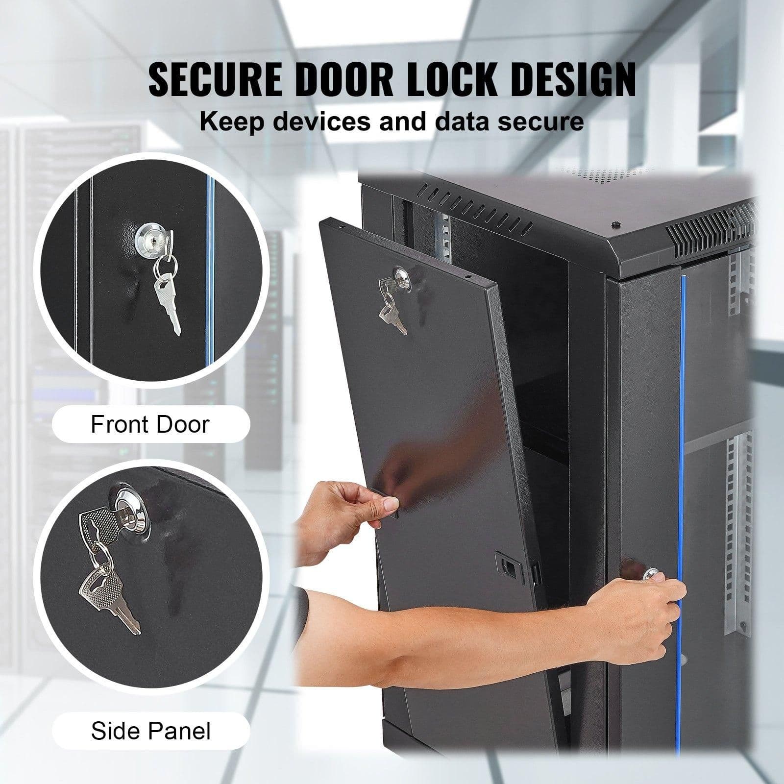 image-VEVOR 15U Wall Mount Network Cabinet, 500 lbs Max. Ground Load Capacity, Server Rack Cabinet Enclosure with Locking Tempered Glass Door, Side Panels, Q235 Carbon Steel, for IT Equipment, A/V Devices