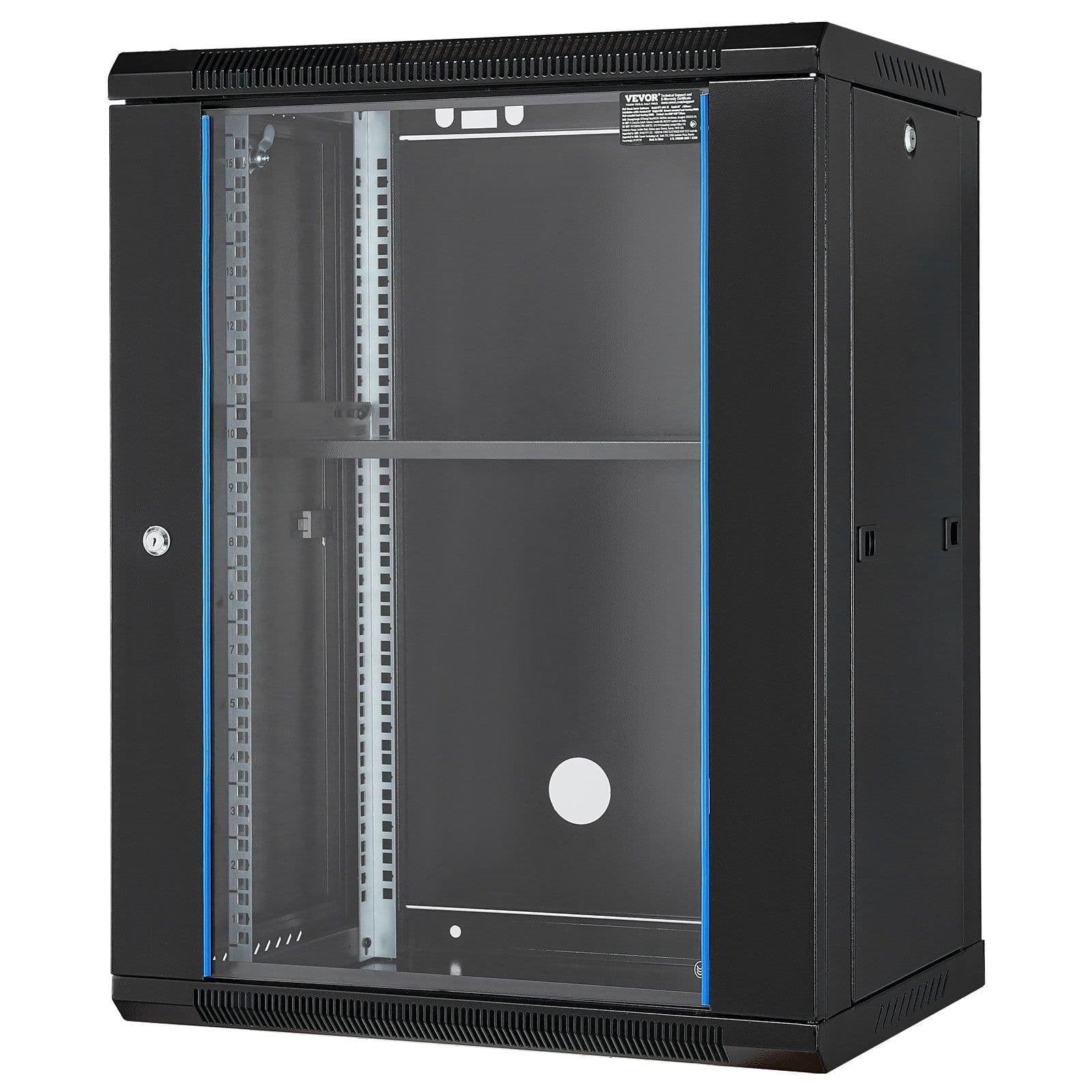 image-VEVOR 15U Wall Mount Network Cabinet, 500 lbs Max. Ground Load Capacity, Server Rack Cabinet Enclosure with Locking Tempered Glass Door, Side Panels, Q235 Carbon Steel, for IT Equipment, A/V Devices
