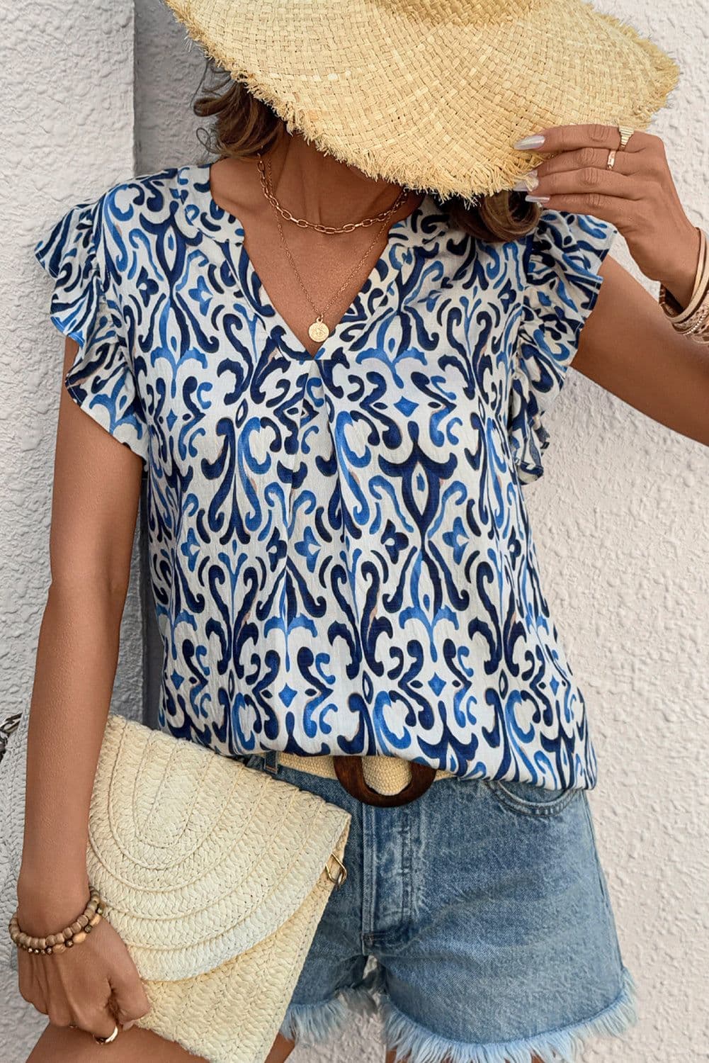 image-Sky Blue Boho Abstract Print Pintuck Detail Ruffled Top