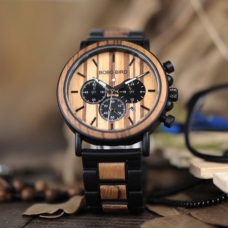 image-BOBO BIRD genuine inter-wood all-wood watch quartz watch three-eye multi-function waterproof watch men's watch