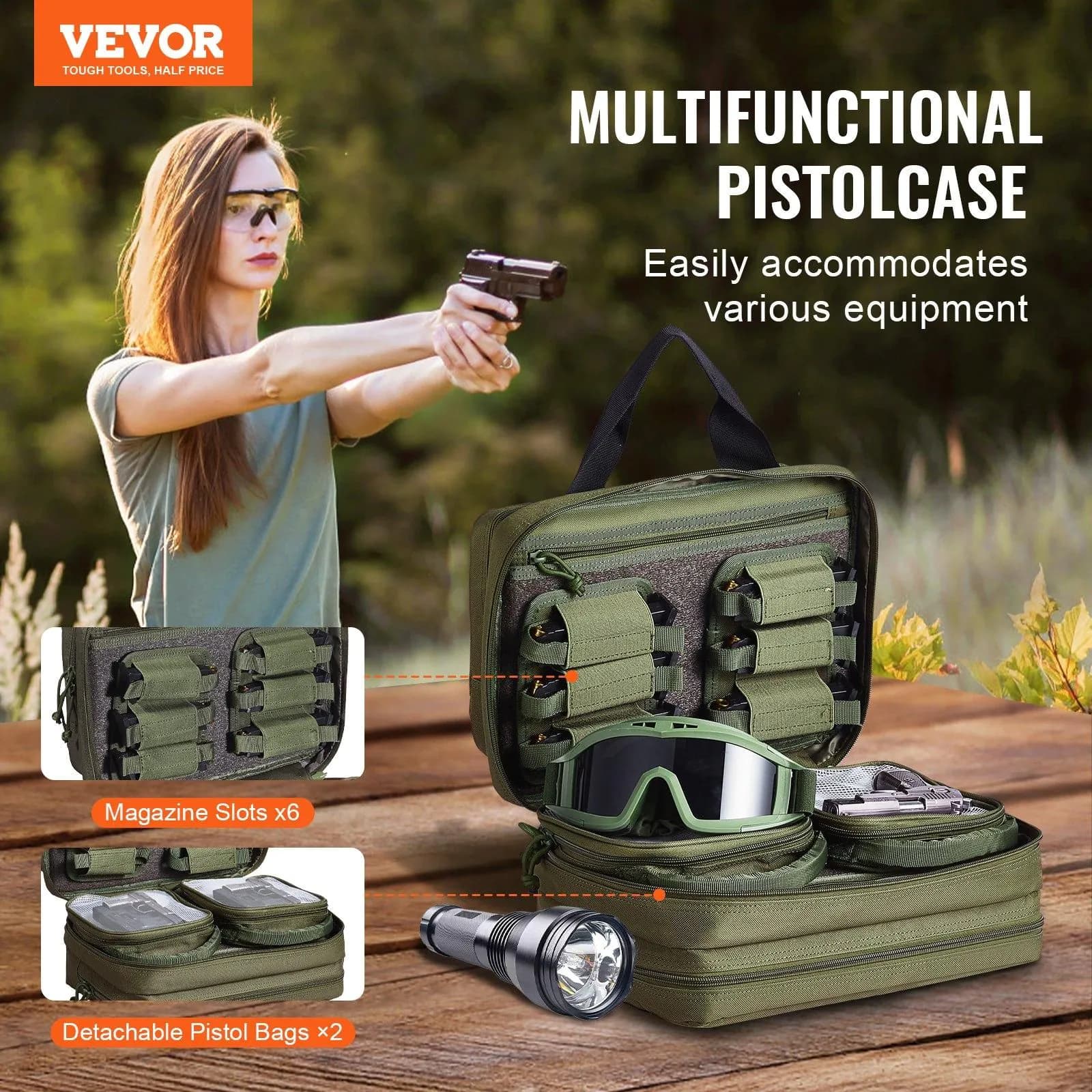 image-VEVOR Range Bag for 2 Pistols Tactical Gun Bag 2 Built-in Pistol Bags Green,Range Bag for Handguns Gun Case Bag with Lockable Zipper for Shooting Range Outdoor Hunting