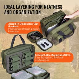 image-VEVOR Range Bag for 2 Pistols Tactical Gun Bag 2 Built-in Pistol Bags Green,Range Bag for Handguns Gun Case Bag with Lockable Zipper for Shooting Range Outdoor Hunting