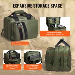image-VEVOR Range Bag for 2 Pistols Tactical Gun Bag 2 Built-in Pistol Bags Green,Range Bag for Handguns Gun Case Bag with Lockable Zipper for Shooting Range Outdoor Hunting
