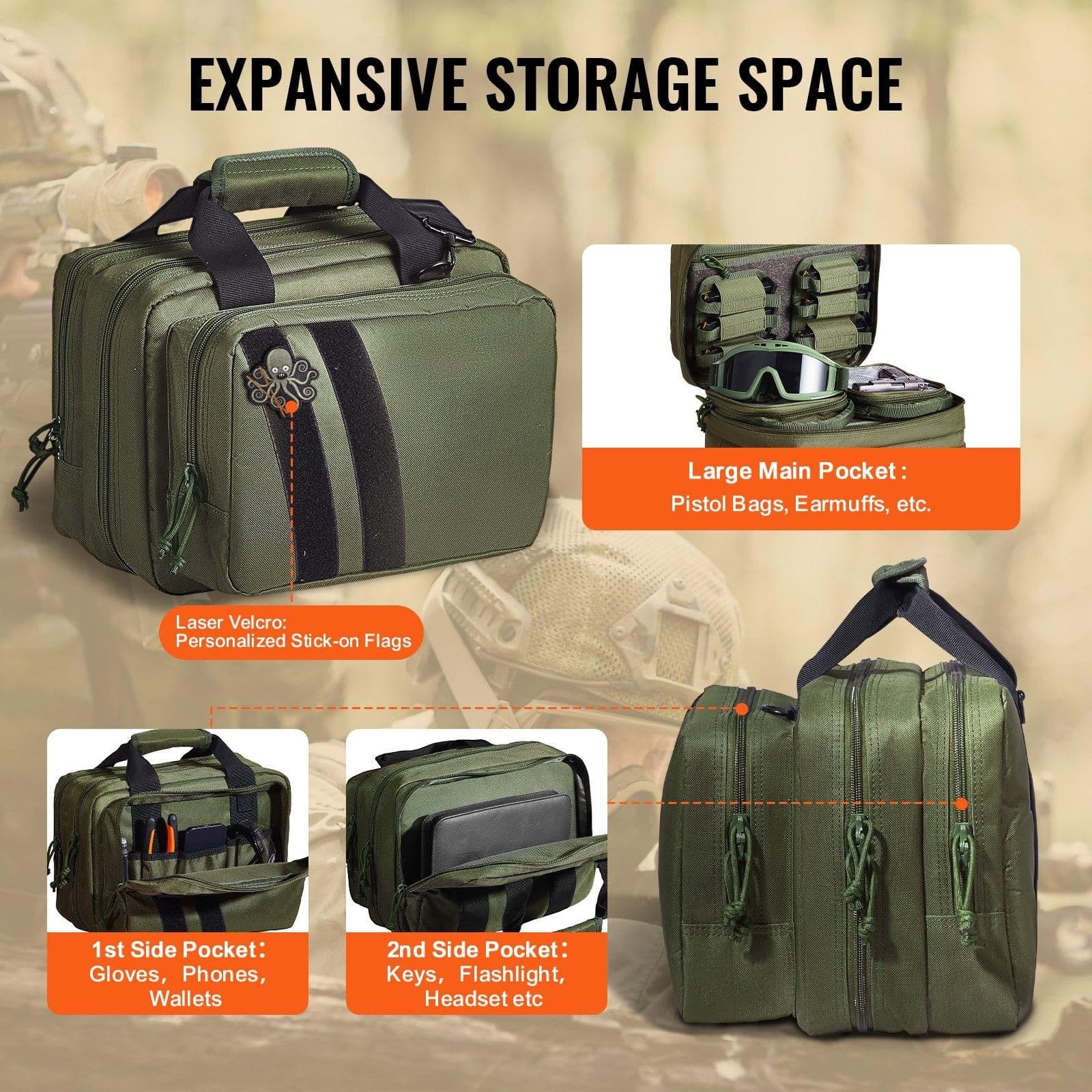 image-VEVOR Range Bag for 2 Pistols Tactical Gun Bag 2 Built-in Pistol Bags Green,Range Bag for Handguns Gun Case Bag with Lockable Zipper for Shooting Range Outdoor Hunting