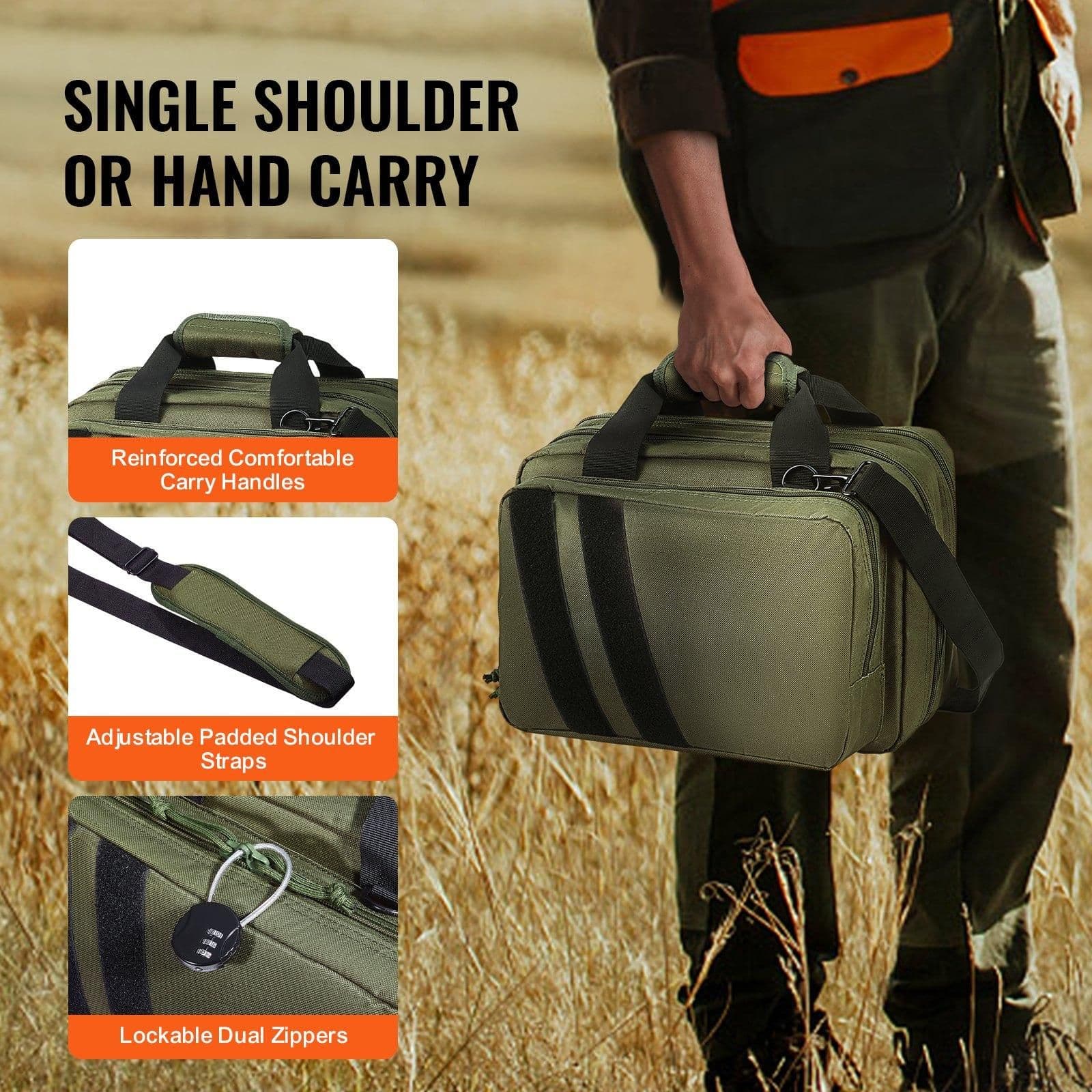 image-VEVOR Range Bag for 2 Pistols Tactical Gun Bag 2 Built-in Pistol Bags Green,Range Bag for Handguns Gun Case Bag with Lockable Zipper for Shooting Range Outdoor Hunting