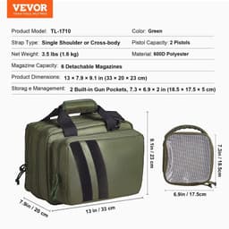 image-VEVOR Range Bag for 2 Pistols Tactical Gun Bag 2 Built-in Pistol Bags Green,Range Bag for Handguns Gun Case Bag with Lockable Zipper for Shooting Range Outdoor Hunting
