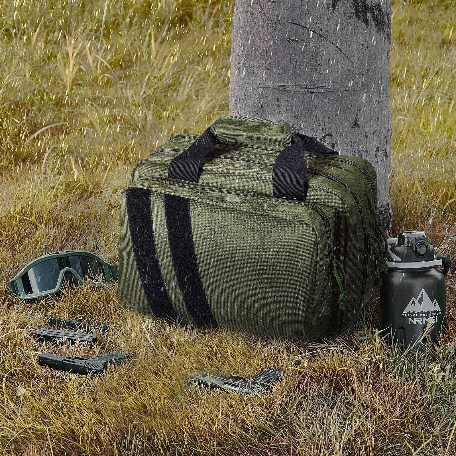 image-VEVOR Range Bag for 2 Pistols Tactical Gun Bag 2 Built-in Pistol Bags Green,Range Bag for Handguns Gun Case Bag with Lockable Zipper for Shooting Range Outdoor Hunting