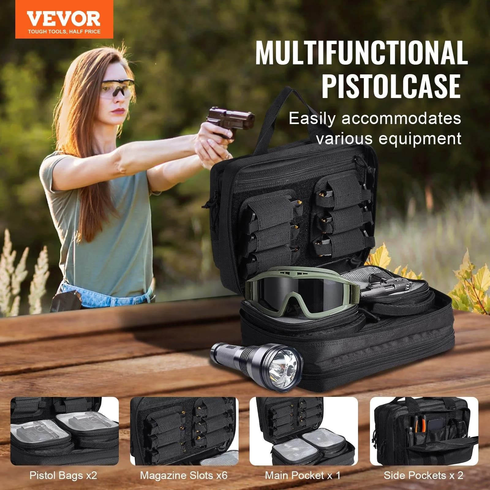 image-VEVOR Tactical Pistol Backpack with 2 Pistol Cases, Gun Range Backpack with 6x Magazine Slots for Shooting and Hunting