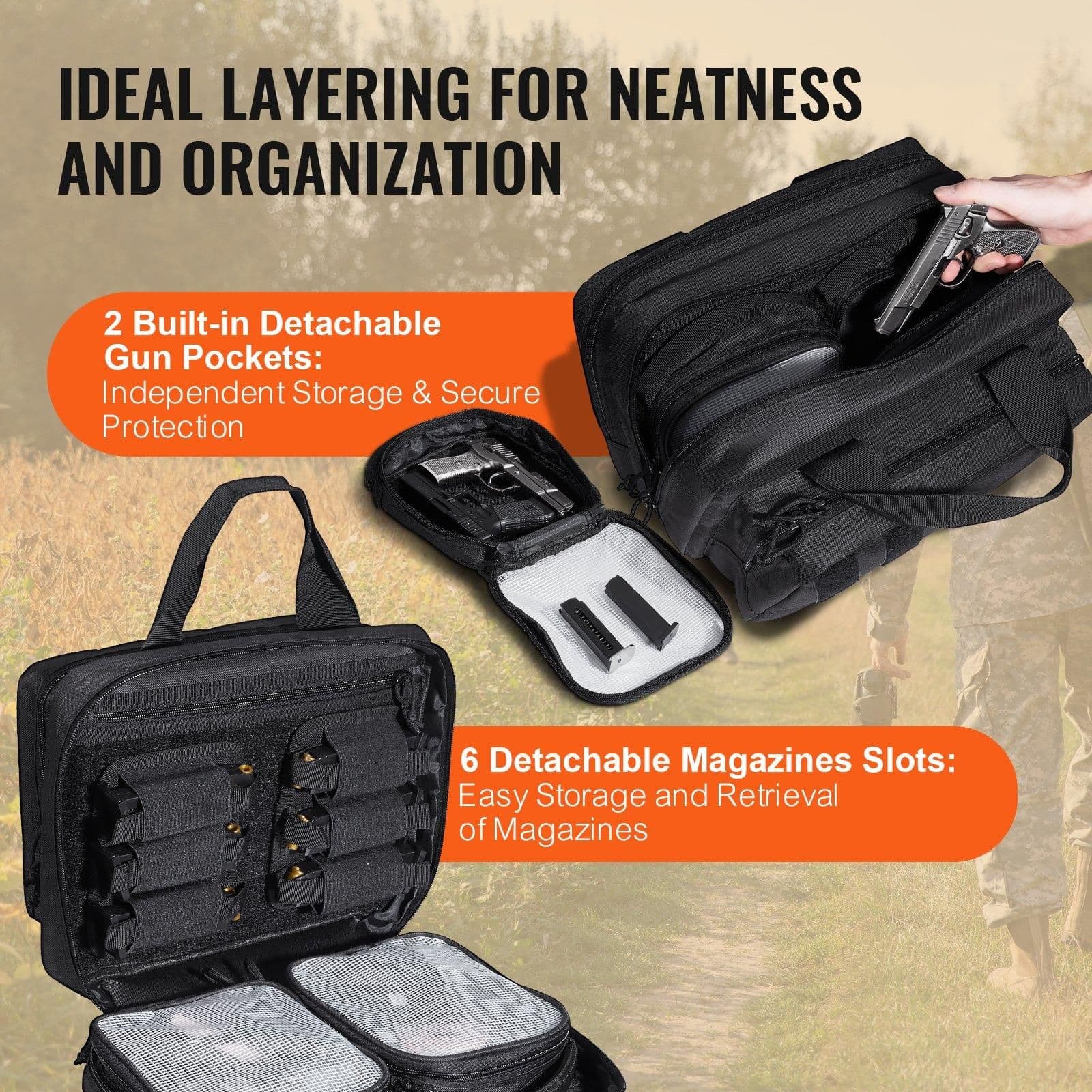 image-VEVOR Tactical Pistol Backpack with 2 Pistol Cases, Gun Range Backpack with 6x Magazine Slots for Shooting and Hunting