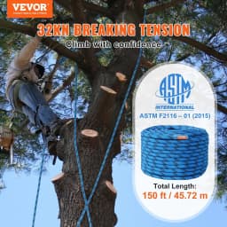image-VEVOR 12.7mm Static Climbing Rope, 45.7M(150ft) Outdoor Rock Climbing Rope 32KN Breaking Tension, Fiber Rope with Steel Snap Hooks for Escape, Rappelling, Fire Rescue, Blue