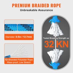 image-VEVOR 12.7mm Static Climbing Rope, 45.7M(150ft) Outdoor Rock Climbing Rope 32KN Breaking Tension, Fiber Rope with Steel Snap Hooks for Escape, Rappelling, Fire Rescue, Blue