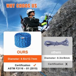 image-VEVOR 12.7mm Static Climbing Rope, 45.7M(150ft) Outdoor Rock Climbing Rope 32KN Breaking Tension, Fiber Rope with Steel Snap Hooks for Escape, Rappelling, Fire Rescue, Blue