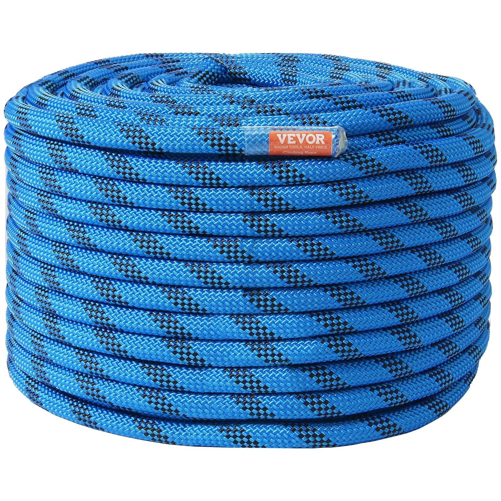 image-VEVOR 12.7mm Static Climbing Rope, 45.7M(150ft) Outdoor Rock Climbing Rope 32KN Breaking Tension, Fiber Rope with Steel Snap Hooks for Escape, Rappelling, Fire Rescue, Blue