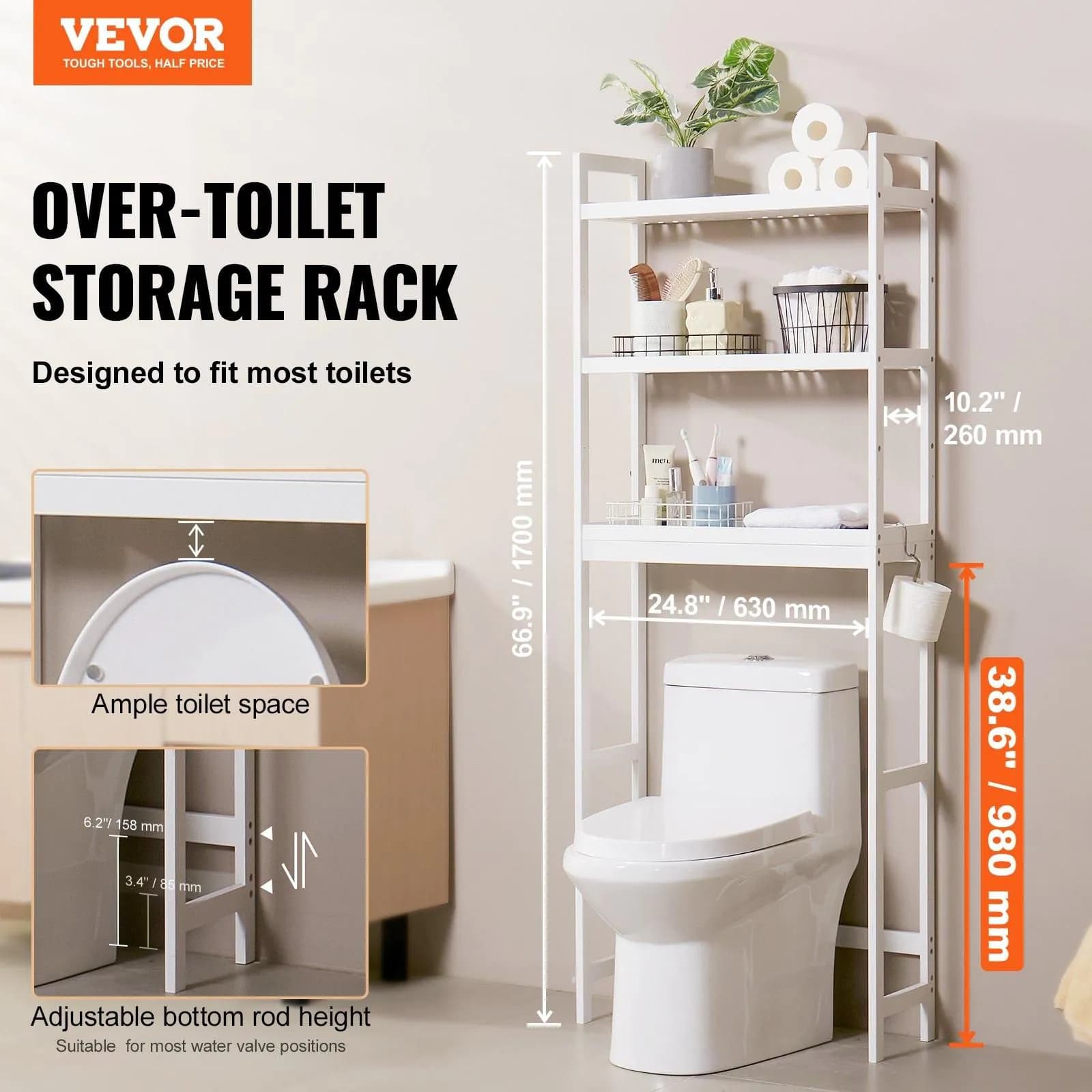 image-VEVOR Over the Toilet Storage 3-Tier Bathroom Shelf Rack Space Saver Organizer