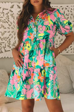 image-Green Floral Puff Sleeve Collar Buttoned Babydoll Dress