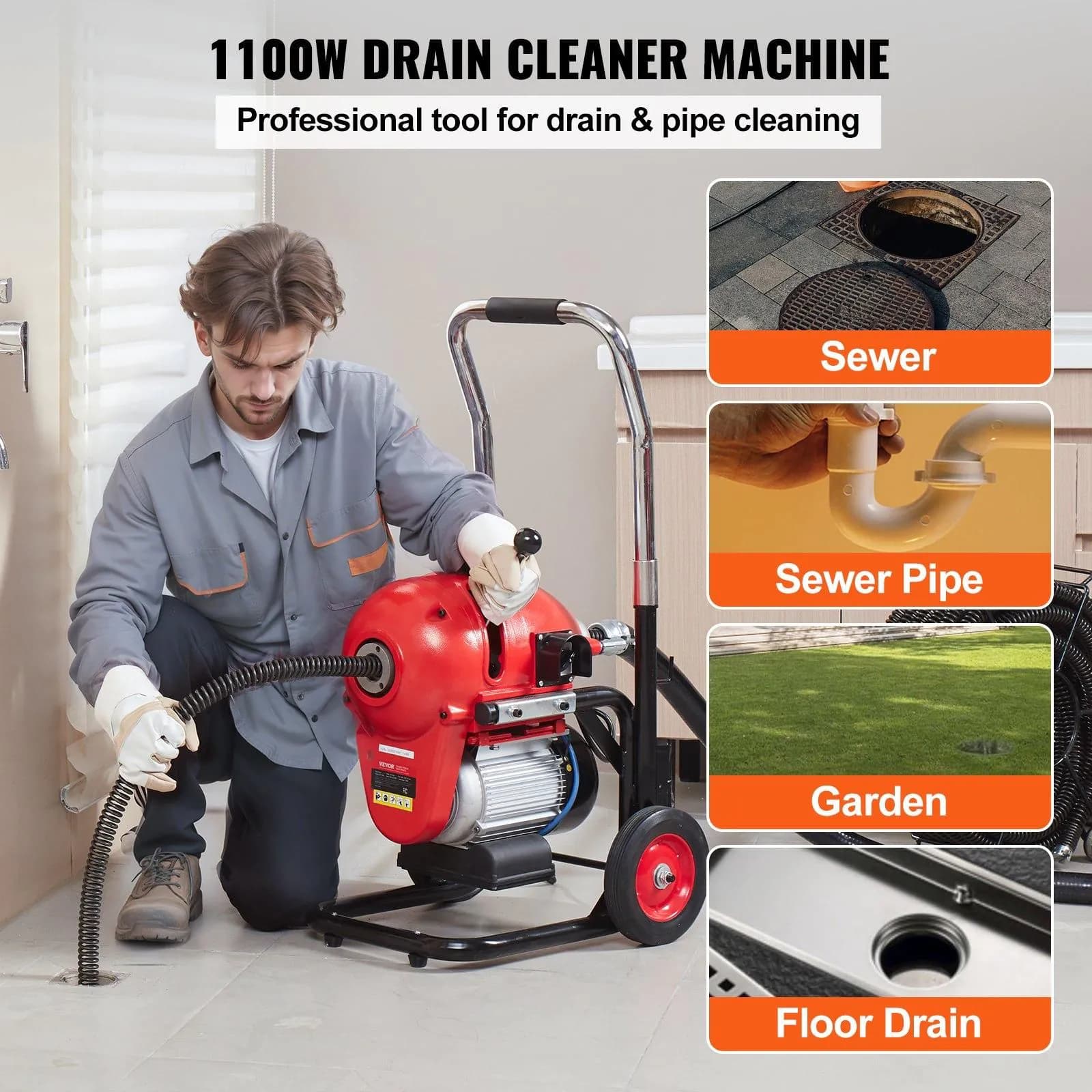 image-VEVOR 1100W Electric Drain Cleaner Machine - 120ft x 1.2" Snake