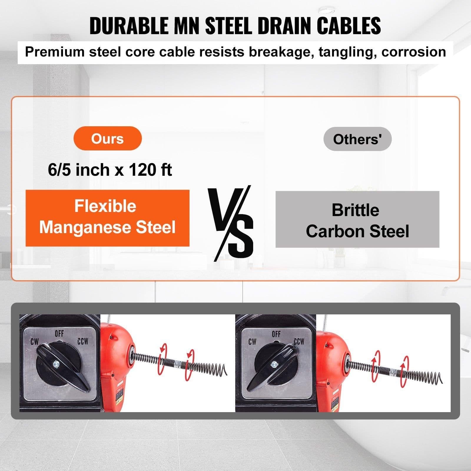 image-VEVOR 1100W Electric Drain Cleaner Machine - 120ft x 1.2" Snake