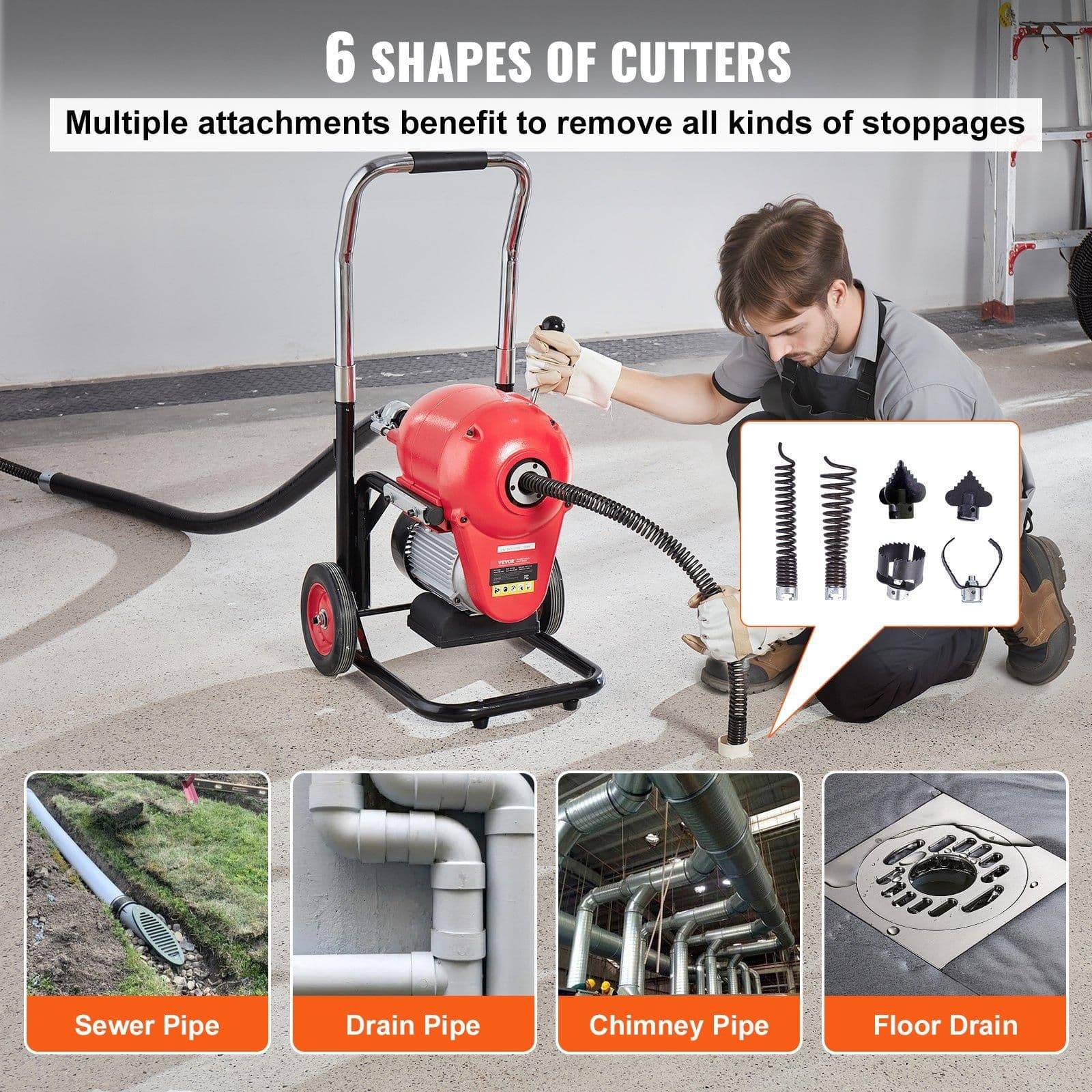 image-VEVOR 1100W Electric Drain Cleaner Machine - 120ft x 1.2" Snake