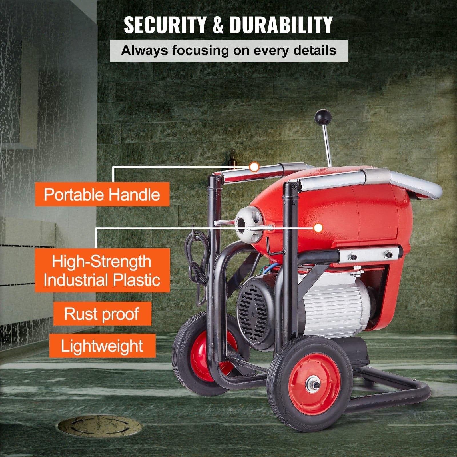 image-VEVOR 1100W Electric Drain Cleaner Machine - 120ft x 1.2" Snake