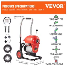 image-VEVOR 1100W Electric Drain Cleaner Machine - 120ft x 1.2" Snake