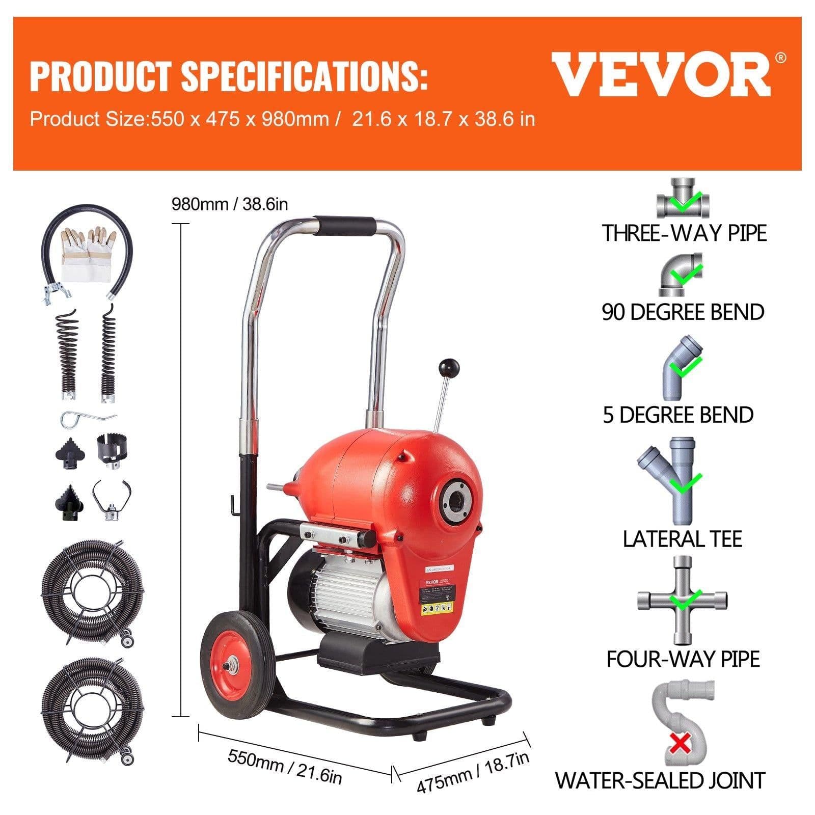 image-VEVOR 1100W Electric Drain Cleaner Machine - 120ft x 1.2" Snake