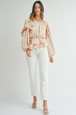 image-Oatmeal Ruffled Peplum Blouse - Keyhole Back, Size S-XL