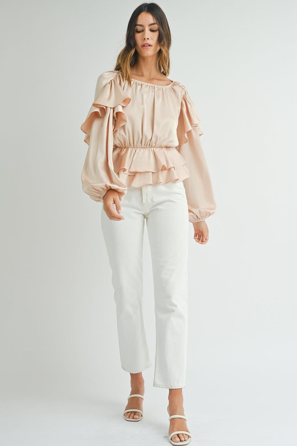 image-Oatmeal Ruffled Peplum Blouse - Keyhole Back, Size S-XL