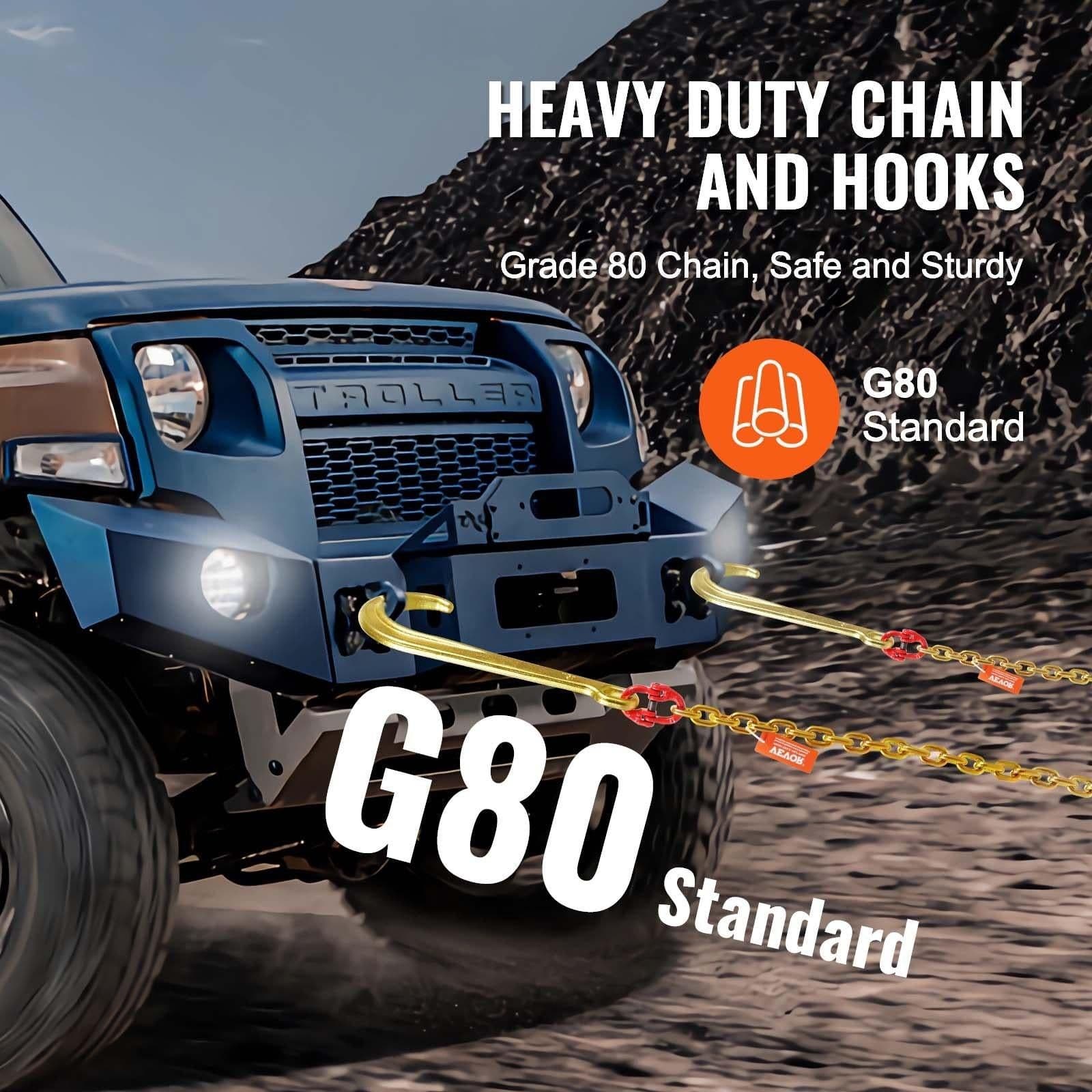 image-VEVOR J Hook Chain, 2PCS 5/16" x 6' G80 15" Long Shank J Hook Tow Chain with RTJ Cluster Hook & Grab Hook, 5400 lbs Working Load, Heavy Duty Transport Truck Chain for Wrecker Recovery Trailer Towing