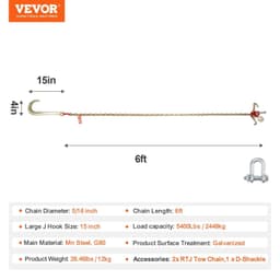 image-VEVOR J Hook Chain, 2PCS 5/16" x 6' G80 15" Long Shank J Hook Tow Chain with RTJ Cluster Hook & Grab Hook, 5400 lbs Working Load, Heavy Duty Transport Truck Chain for Wrecker Recovery Trailer Towing