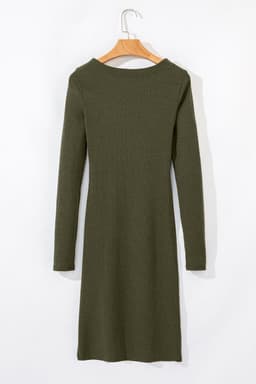 image-Jungle Green Ribbed Long Sleeve Mini Dress with Slits and Ruched Fit