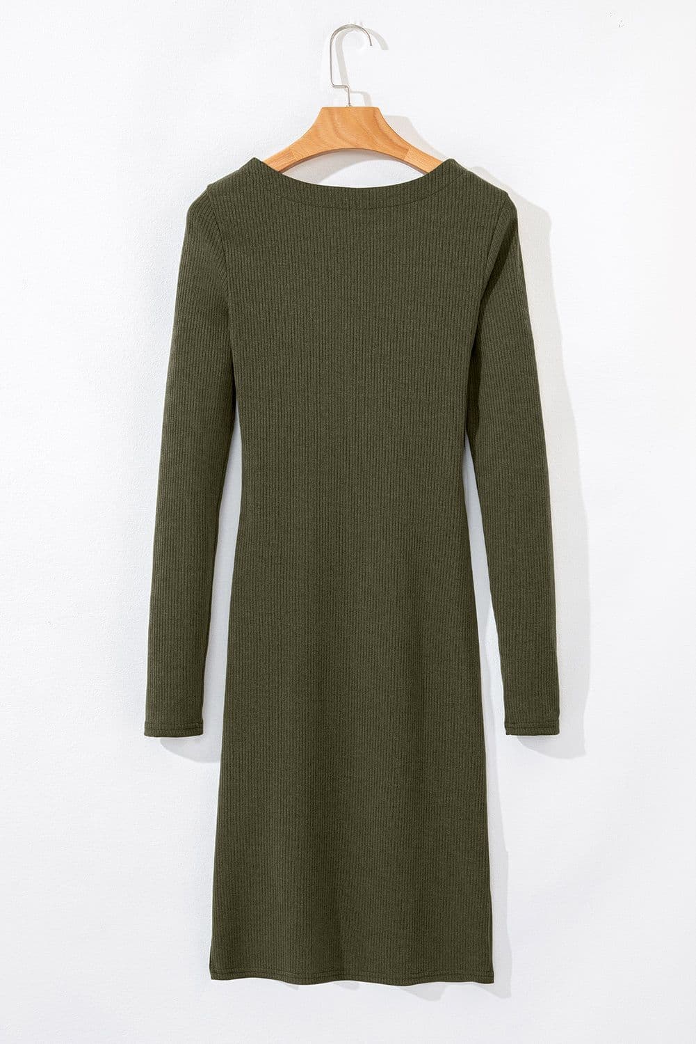 image-Jungle Green Ribbed Long Sleeve Mini Dress with Slits and Ruched Fit