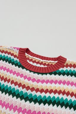 image-Fiery Red Trimmed Ruffle Sleeve Colorful Textured Sweater