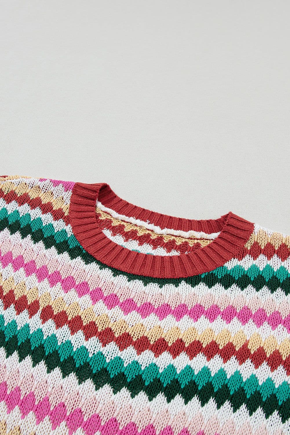 image-Fiery Red Trimmed Ruffle Sleeve Colorful Textured Sweater