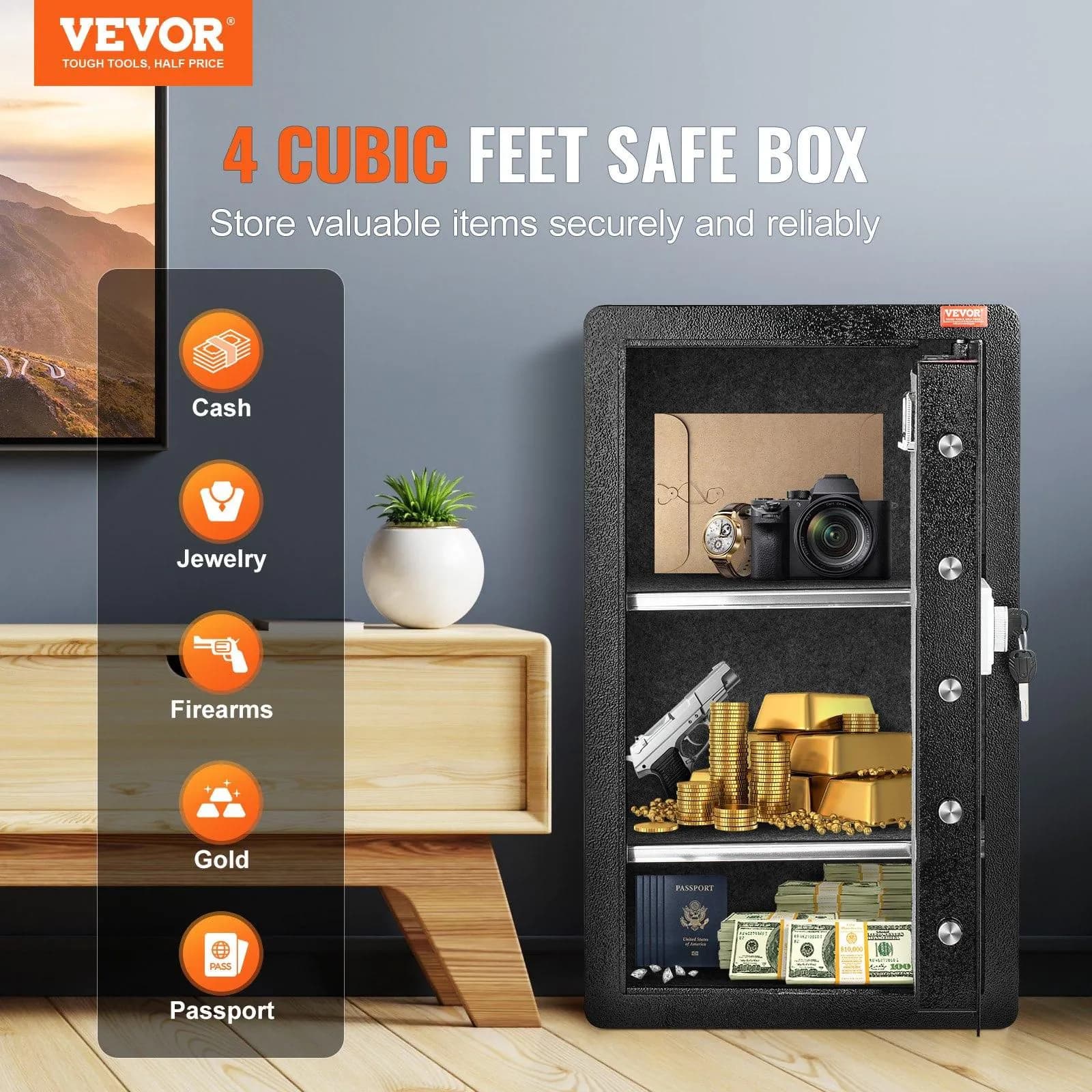 image-VEVOR Single Door 4.0 cu.ft Safe Box with Key Lock, Password & Fingerprint, Safe Lock Box with Fireproof Bag, Key Rack, LED Light, and 2 Shelves for Money, Documents, Jewelry, and Valuables, Black