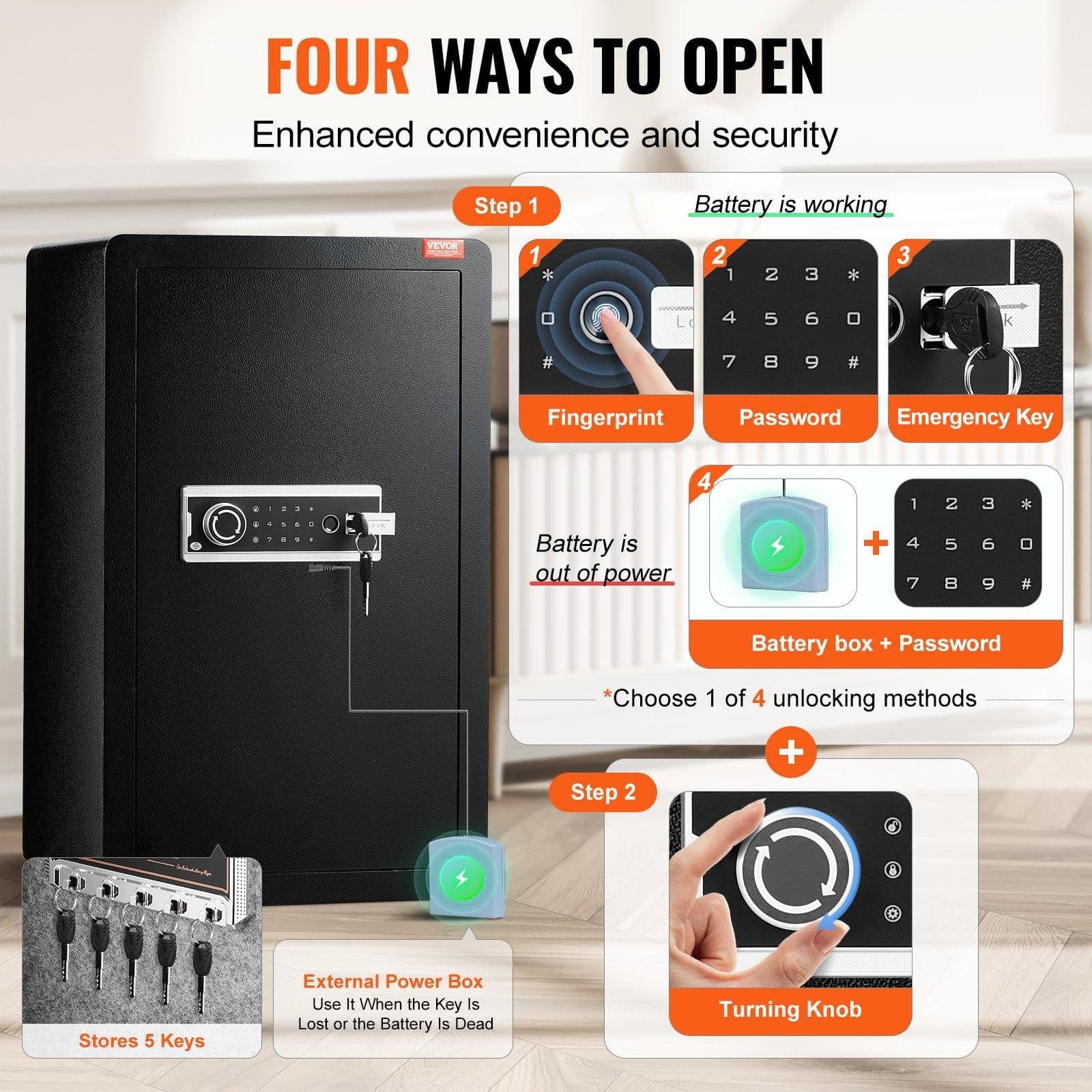 image-VEVOR Single Door 4.0 cu.ft Safe Box with Key Lock, Password & Fingerprint, Safe Lock Box with Fireproof Bag, Key Rack, LED Light, and 2 Shelves for Money, Documents, Jewelry, and Valuables, Black