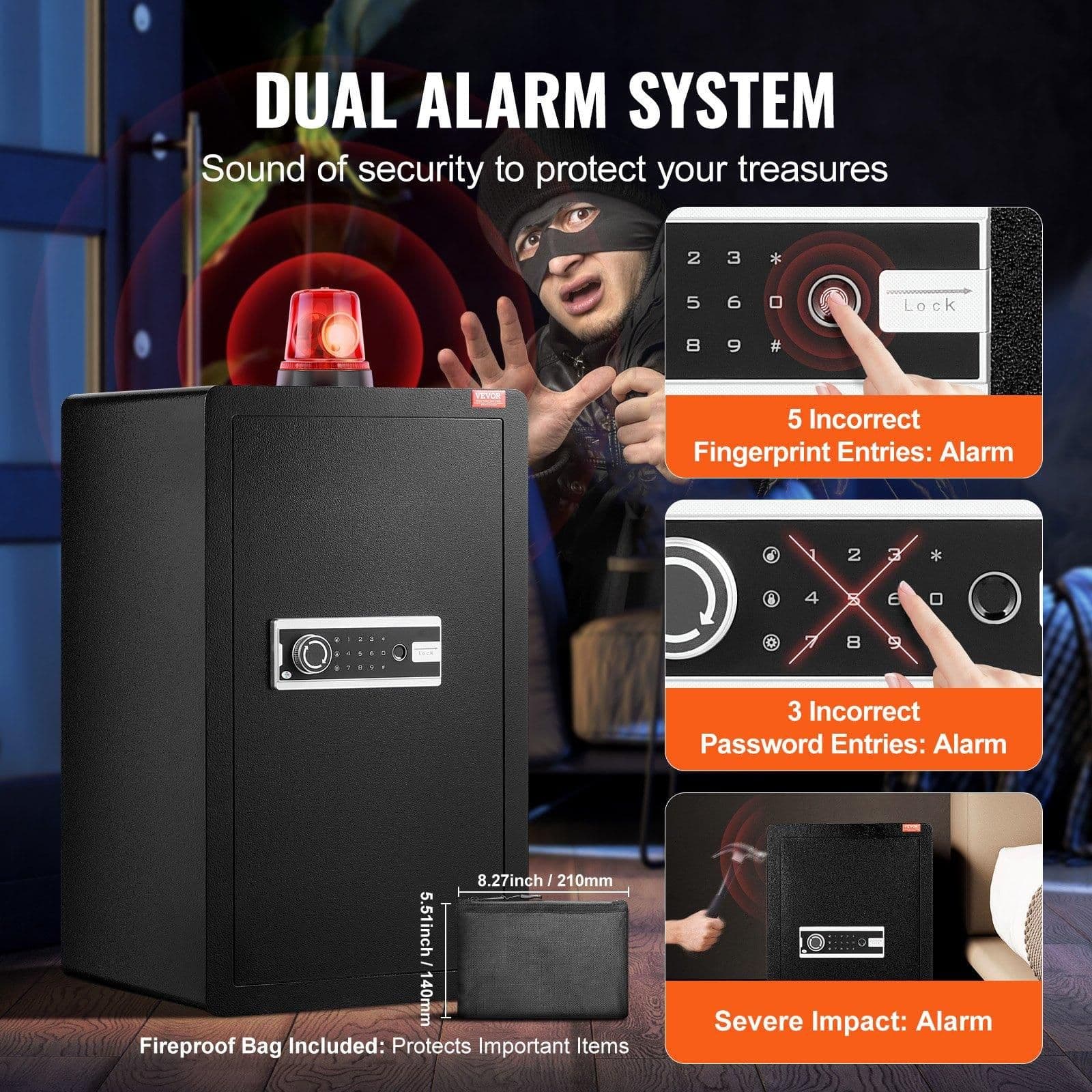 image-VEVOR Single Door 4.0 cu.ft Safe Box with Key Lock, Password & Fingerprint, Safe Lock Box with Fireproof Bag, Key Rack, LED Light, and 2 Shelves for Money, Documents, Jewelry, and Valuables, Black