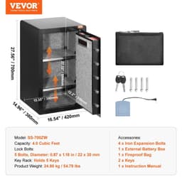 image-VEVOR Single Door 4.0 cu.ft Safe Box with Key Lock, Password & Fingerprint, Safe Lock Box with Fireproof Bag, Key Rack, LED Light, and 2 Shelves for Money, Documents, Jewelry, and Valuables, Black