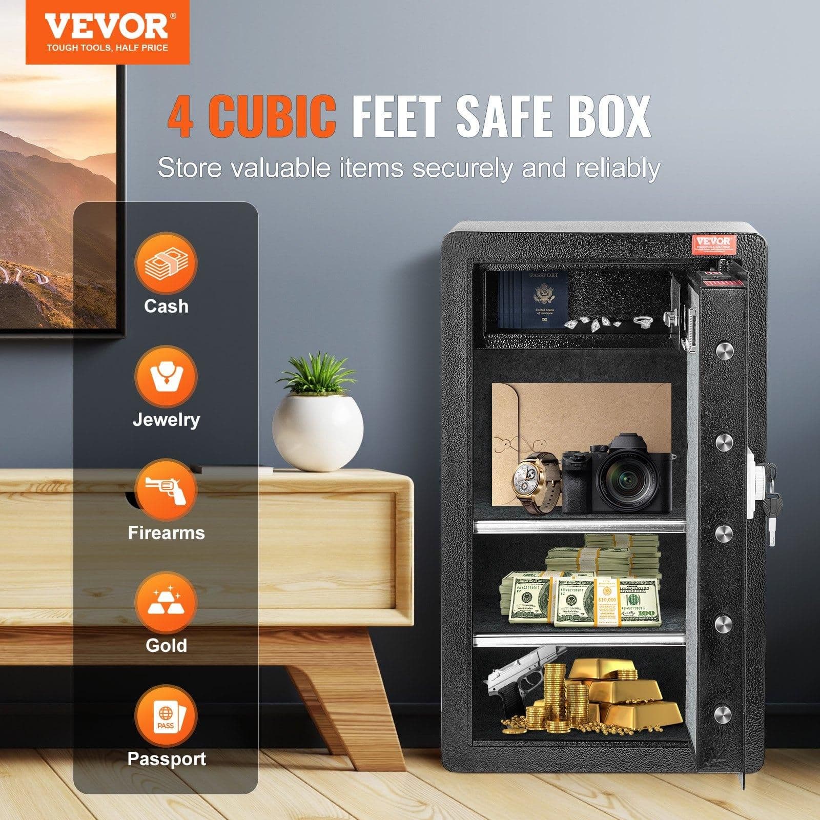 image-VEVOR Single Door 4.0 cu.ft Safe Box with Key Lock & Password, Safe Lock Box with Fireproof Bag, Key Rack, LED Light, 2 Shelves, and 1 Cabinet for Money, Documents, Jewelry, and Valuables, Black