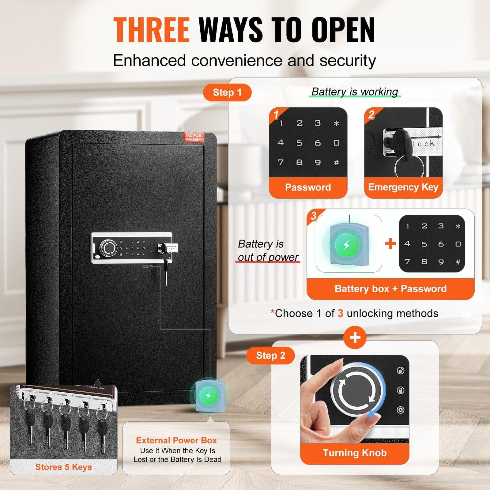 image-VEVOR Single Door 4.0 cu.ft Safe Box with Key Lock & Password, Safe Lock Box with Fireproof Bag, Key Rack, LED Light, 2 Shelves, and 1 Cabinet for Money, Documents, Jewelry, and Valuables, Black