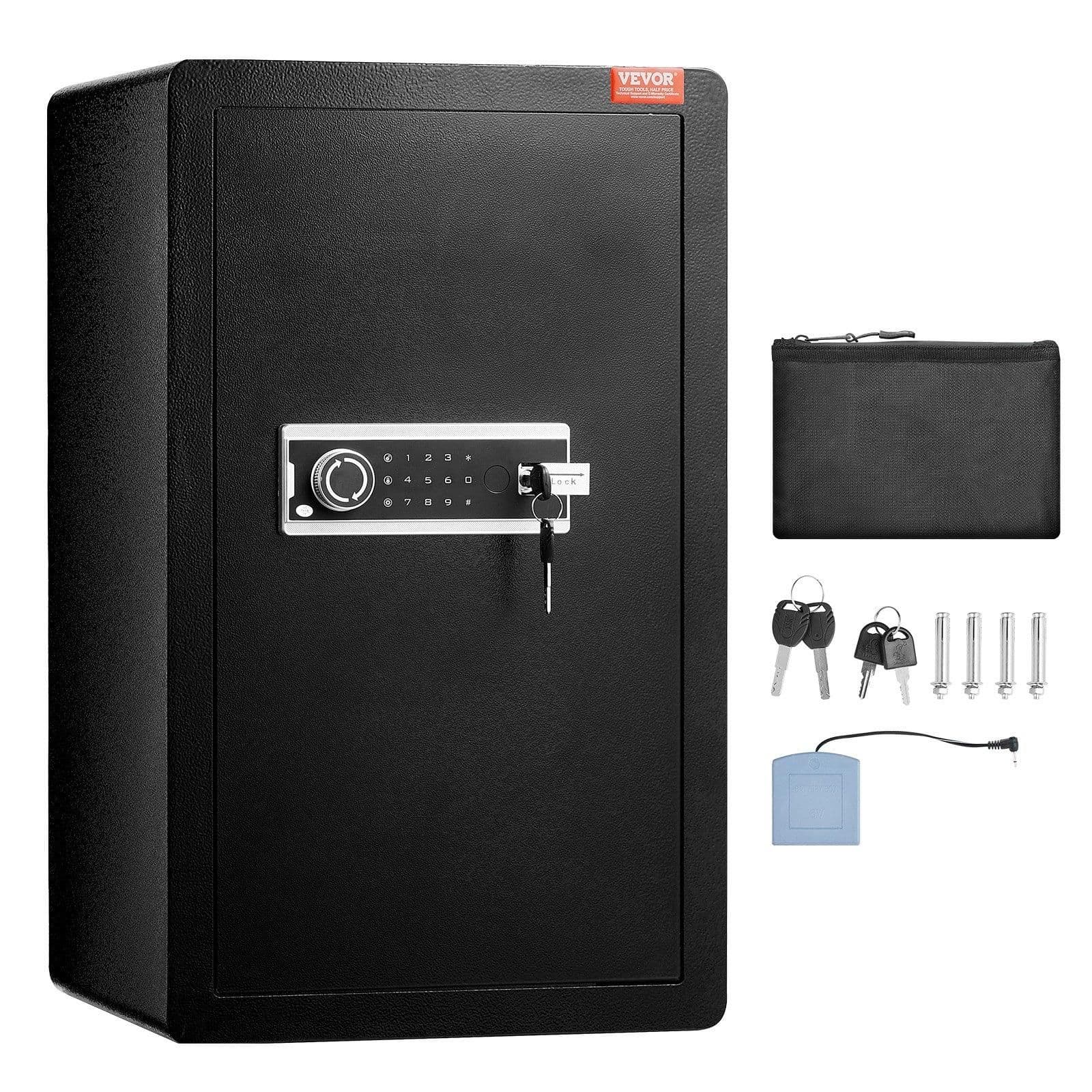 image-VEVOR Single Door 4.0 cu.ft Safe Box with Key Lock & Password, Safe Lock Box with Fireproof Bag, Key Rack, LED Light, 2 Shelves, and 1 Cabinet for Money, Documents, Jewelry, and Valuables, Black