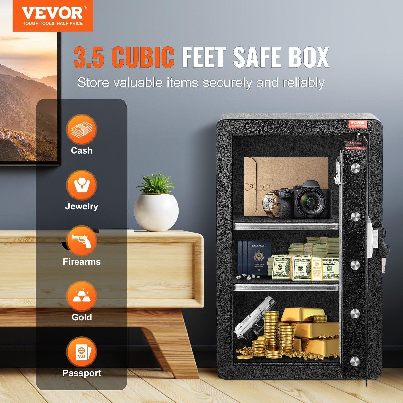 image-VEVOR Single Door 3.5 cu.ft Safe Box with Key Lock & Password LED Light Black,organize cash, passports, jewelry, gold, watches and documents