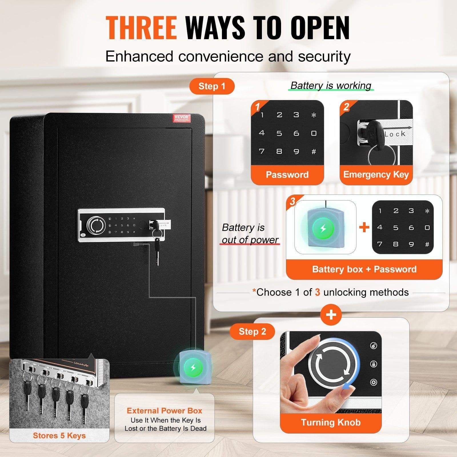 image-VEVOR Single Door 3.5 cu.ft Safe Box with Key Lock & Password LED Light Black,organize cash, passports, jewelry, gold, watches and documents