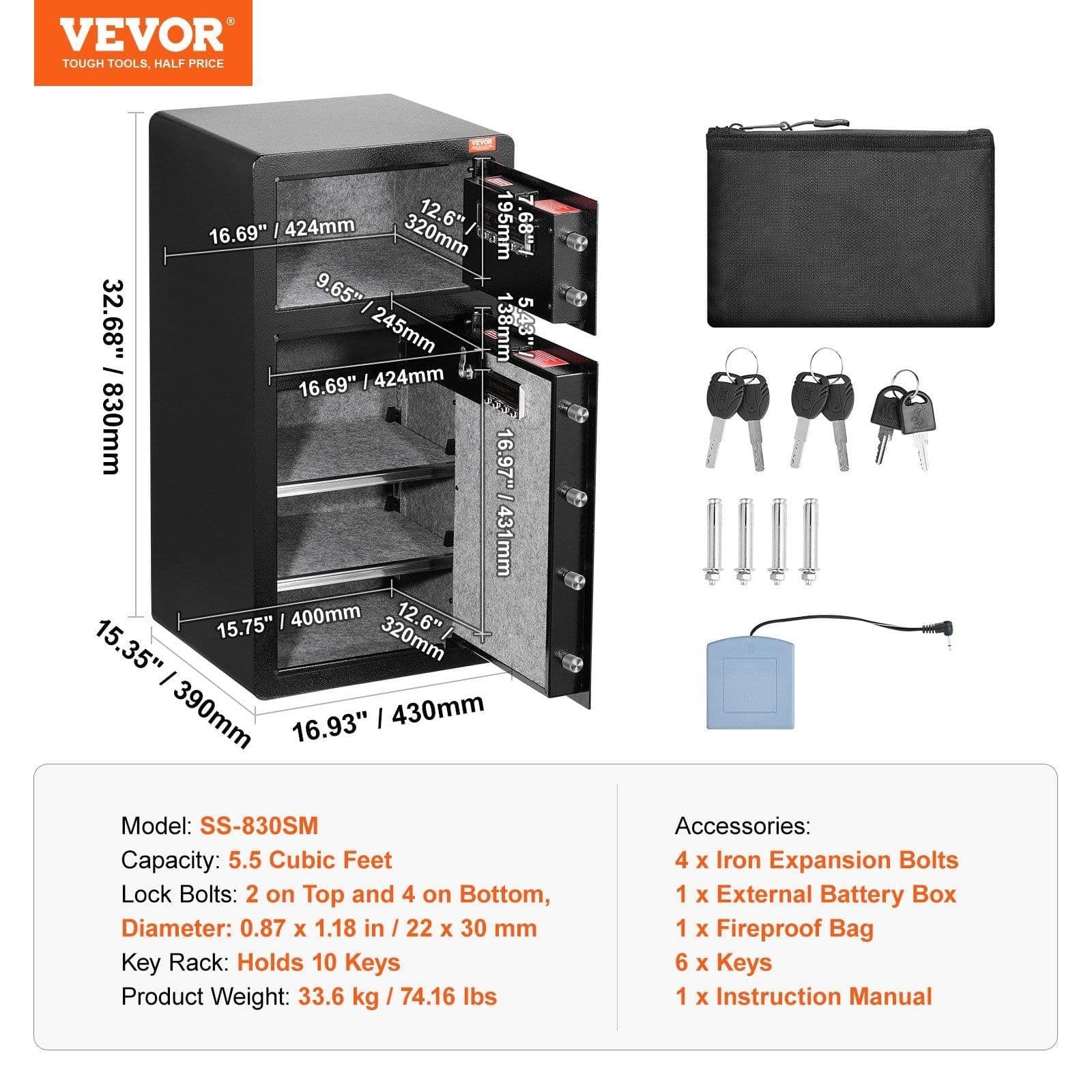 image-VEVOR Double Door 5.5 cu.ft Safe Box with Key Lock Password Cabinet Black,organize cash, passports, jewelry, gold, watches and documents