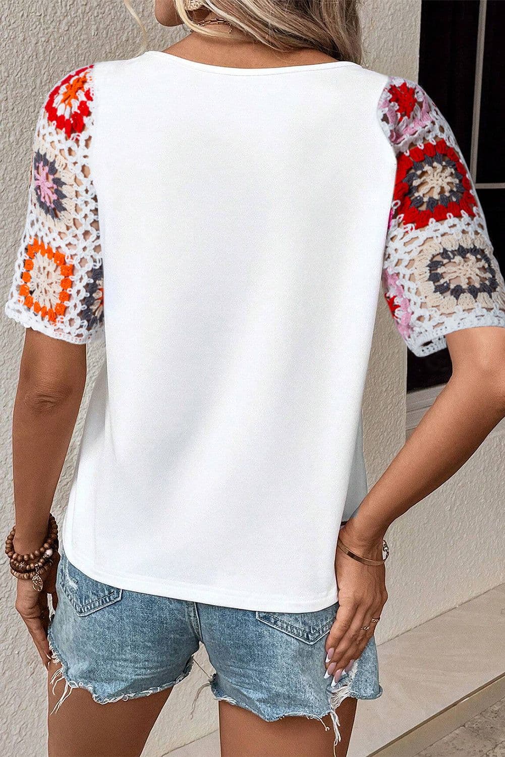 image-White Floral Crochet Top - Short Sleeve, Chic Round Neck, Relaxed Fit