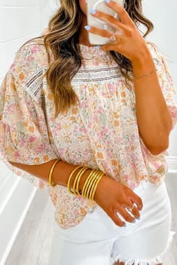image-Floral Print Wide Ruffle Sleeves Blouse - Multicolor, Size S-XL