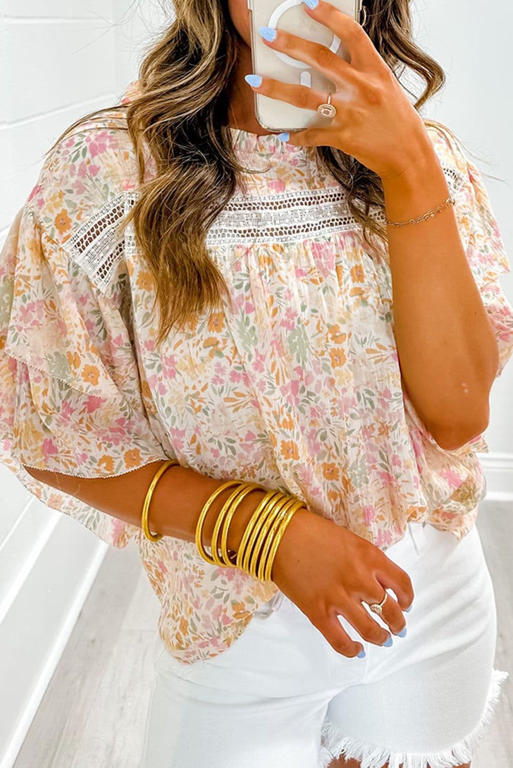 image-Floral Print Wide Ruffle Sleeves Blouse - Multicolor, Size S-XL