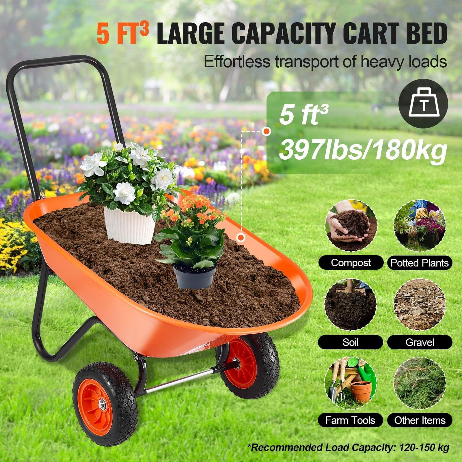 image-VEVOR Wheelbarrow Cart, 5 Cu. Ft. Load & 397 lbs Capacity, 2 Wheels Garden Dump Cart, Garden Wagon with Handle & 10" Wide Track Wheels, Easy Loading Utility Yard Cart & Wagons for Outdoor Lawn Yard