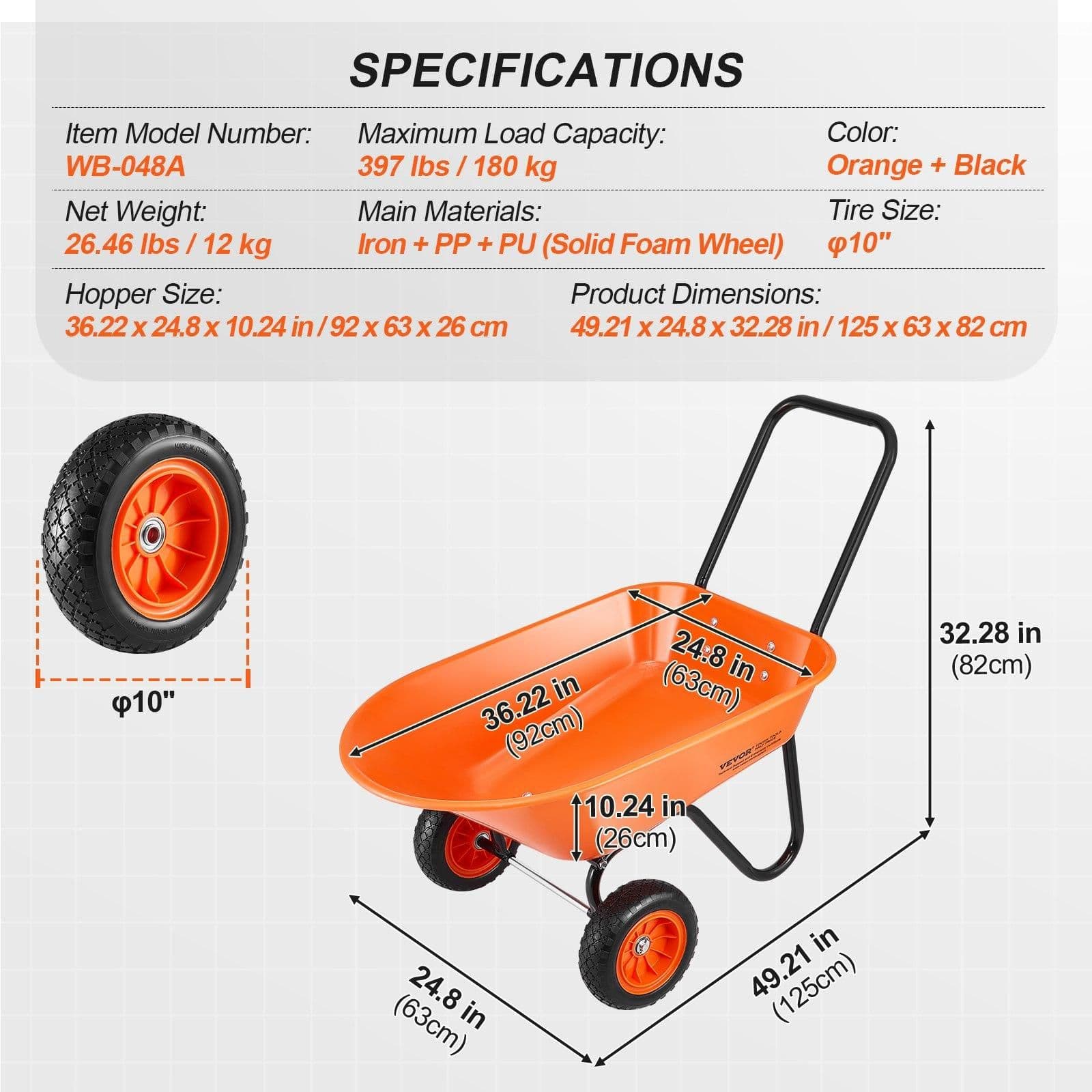 image-VEVOR Wheelbarrow Cart, 5 Cu. Ft. Load & 397 lbs Capacity, 2 Wheels Garden Dump Cart, Garden Wagon with Handle & 10" Wide Track Wheels, Easy Loading Utility Yard Cart & Wagons for Outdoor Lawn Yard