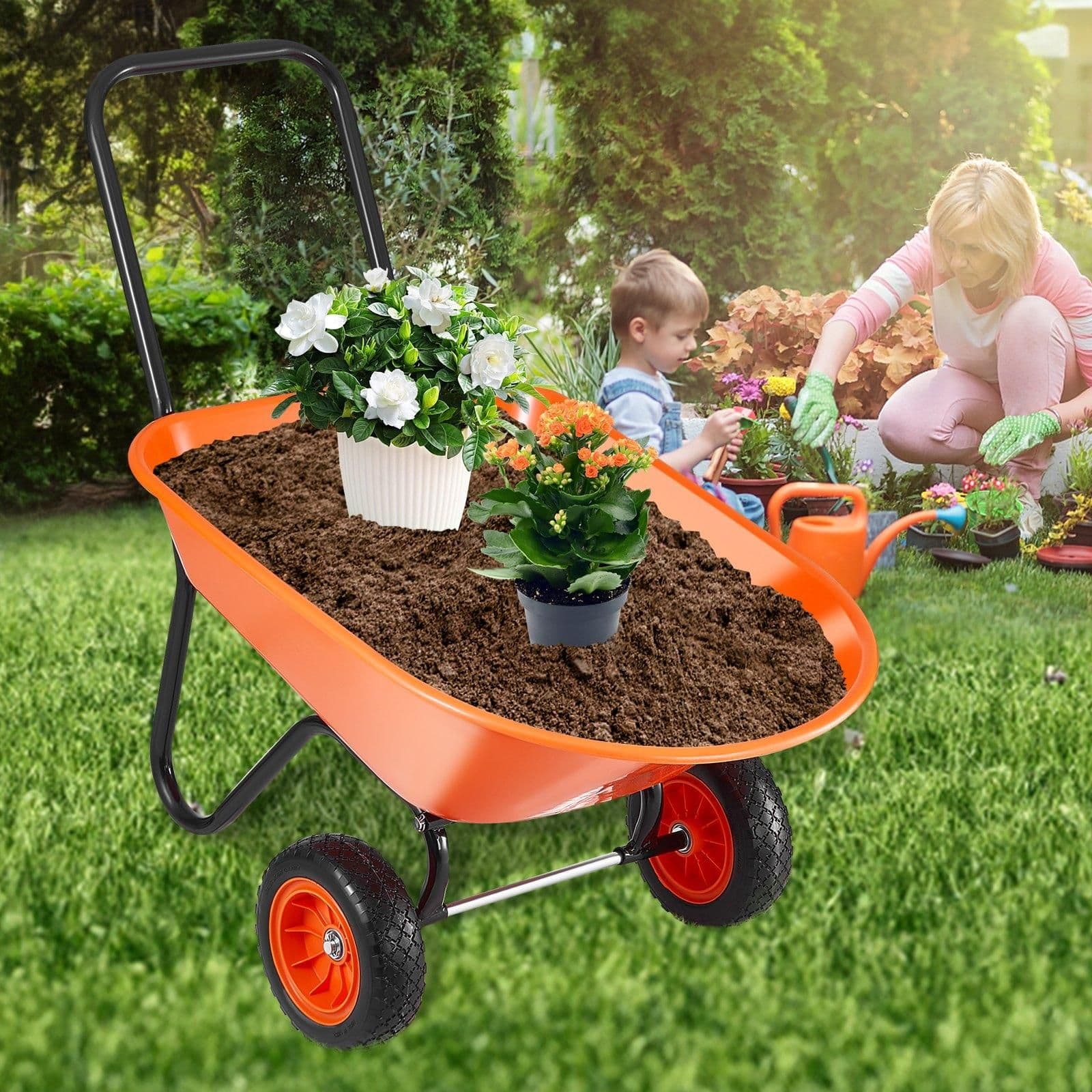image-VEVOR Wheelbarrow Cart, 5 Cu. Ft. Load & 397 lbs Capacity, 2 Wheels Garden Dump Cart, Garden Wagon with Handle & 10" Wide Track Wheels, Easy Loading Utility Yard Cart & Wagons for Outdoor Lawn Yard